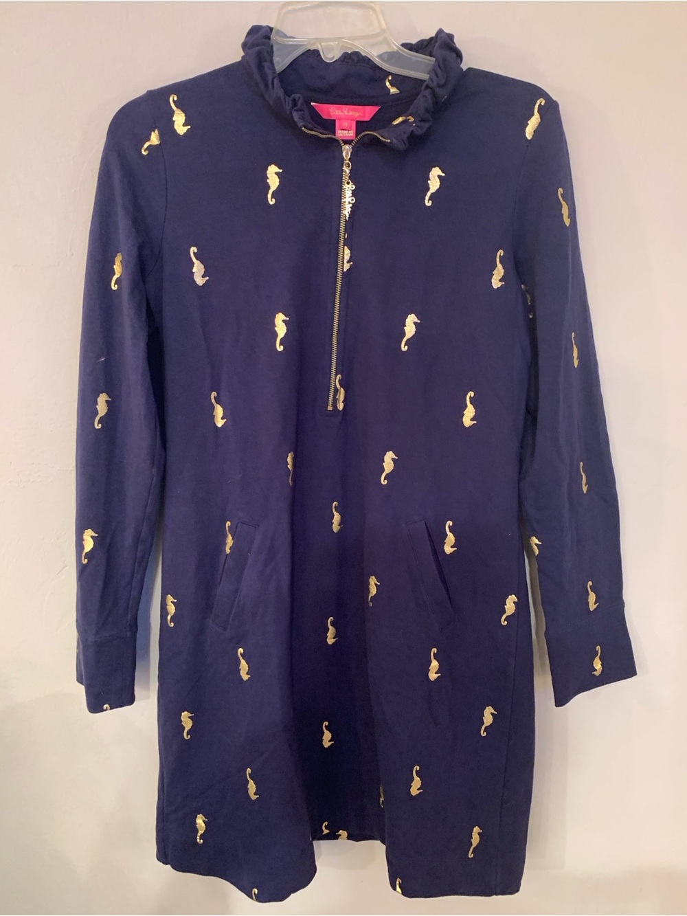 Lilly Pulitzer Navy Long Sleeve Dress with Gold Seahorse Print M